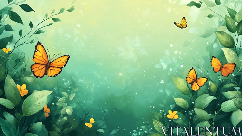 Golden butterflies drifting through a mintgreen forest hush.