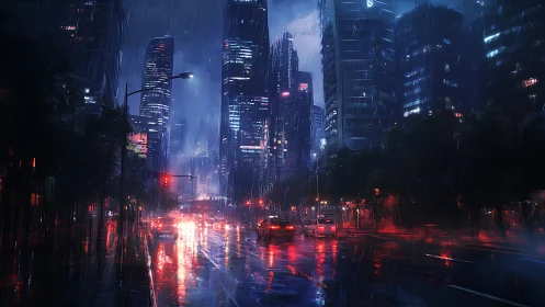 Nocturnal urban traffic on wet avenue under dense rainfall.