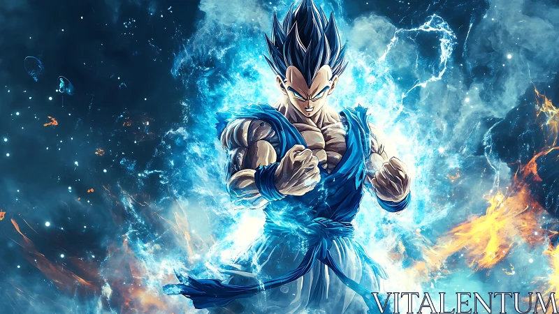 Blue haired anime warrior surrounded by blazing energy.