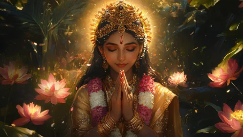 Divine-inspired woman in lotus garden with radiant golden halo.