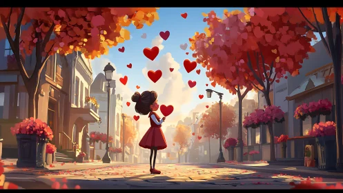 Love Letter to Autumn: Girl Catching Floating Hearts.