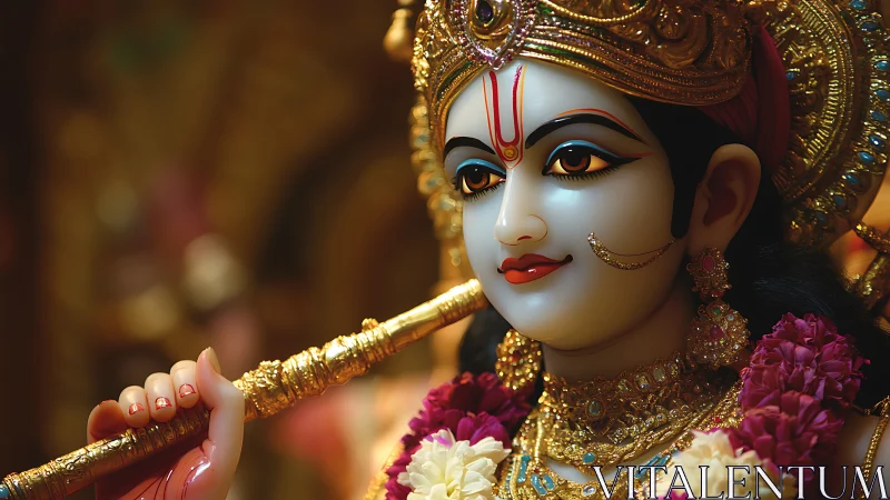 Hindu deity statue holds flute and wears detailed ornaments