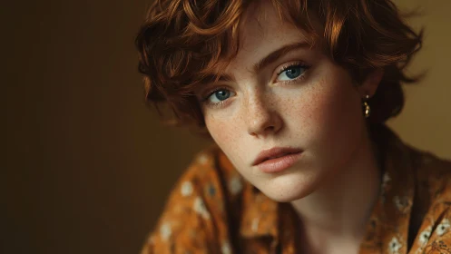 Close portrait of red haired person with blue eyes and freckles.
