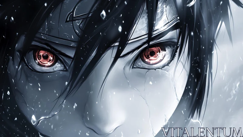 Intense anime character closeup shows glowing red eyes