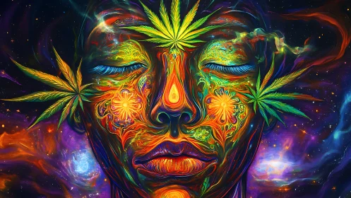 Psychedelic cosmic portrait with luminous cannabis mandala