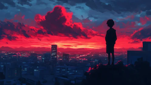 Silhouetted figure observing illuminated city at red sunset.