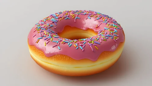 Realistic pink frosted donut with colorful sprinkles, 3D render.