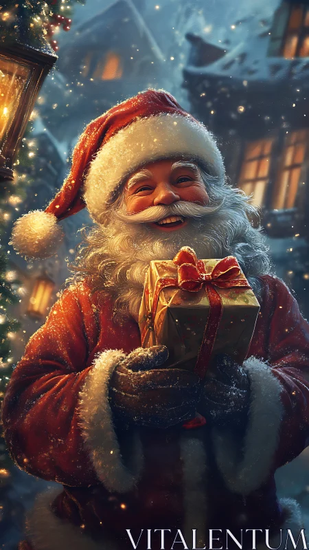 Festive Santa portrait with glowing gift in snowy village.