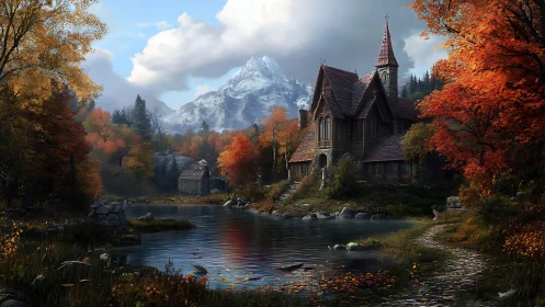 Autumn chapel dreams by a silver river beneath alpine crowns.
