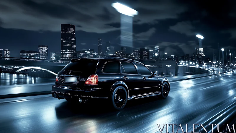 Black sports wagon racing on wet city highway at night.