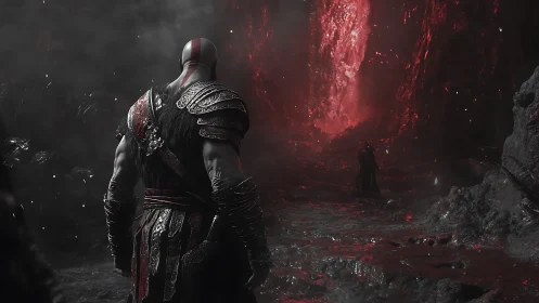 Warrior in molten canyon walks toward a glowing red rift.