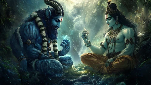 Divine forest parley between serene deity and horned titan.