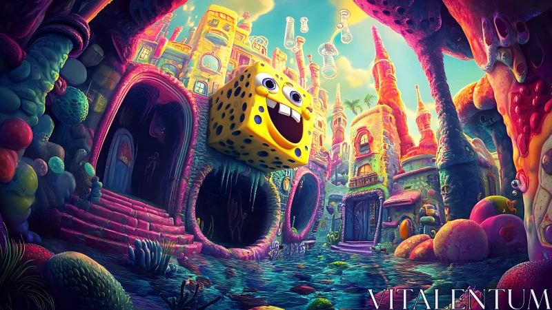 Joyful sponge cube drifting through a neon coral city.