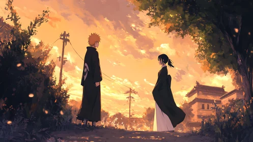 Two robed figures stand under orange sunset sky facing apart