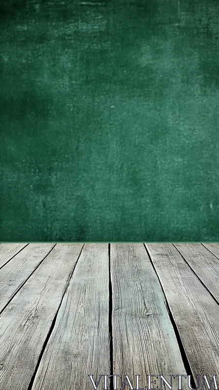 Wooden floor extends toward textured green wall background