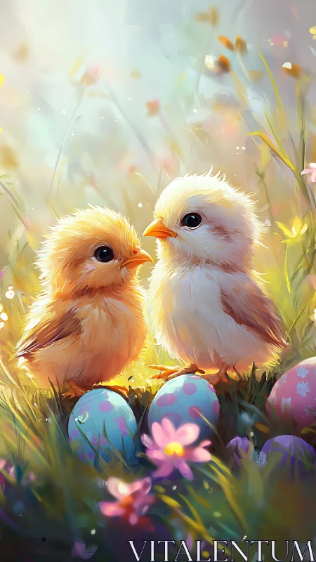 Soft-lit digital painting of spring chicks and patterned eggs