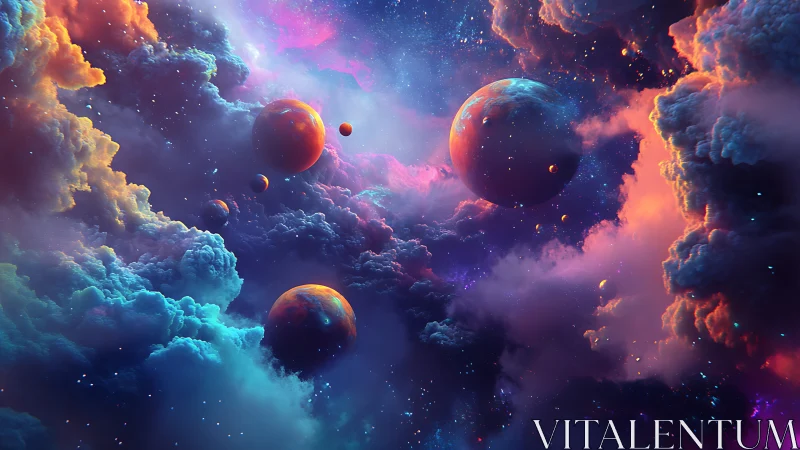 Celestial nebulae envelop multiple planets in luminous chroma