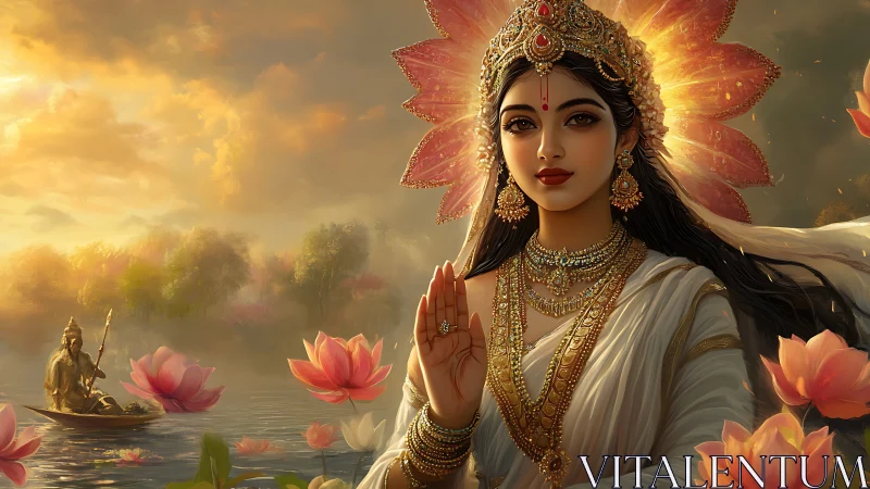 Divine goddess portrait amid lotus lake at golden sunset.