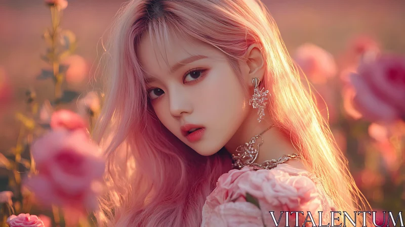 Digital portrait of pink haired woman in rose garden at dusk.