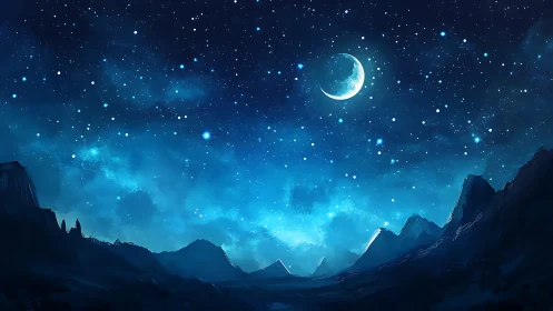 Crescent moon above stylized mountains under dense blue starfield