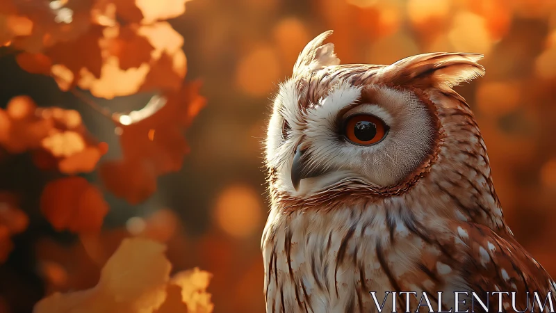 Majestic Owl in Autumn Forest with Warm Golden Bokeh Effect.