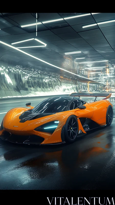 Sleek orange supercar glowing under futuristic tunnel lights.