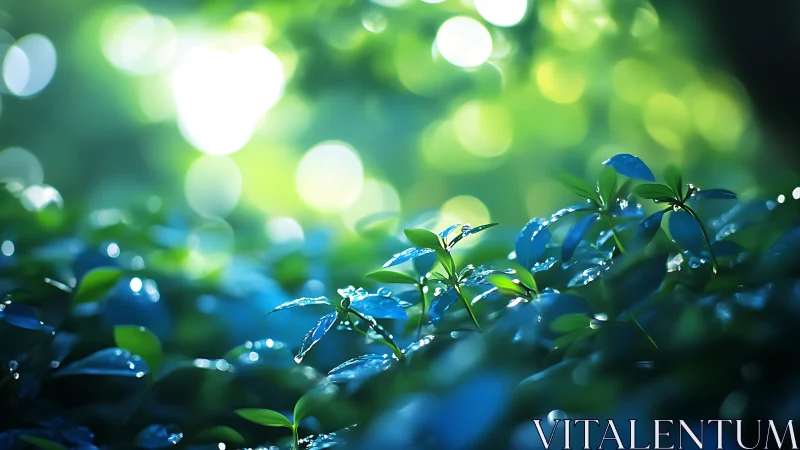 Backlit dewy foliage renders luminous bokeh field in macro