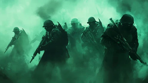 Ghost soldiers advancing through toxic emerald fog.
