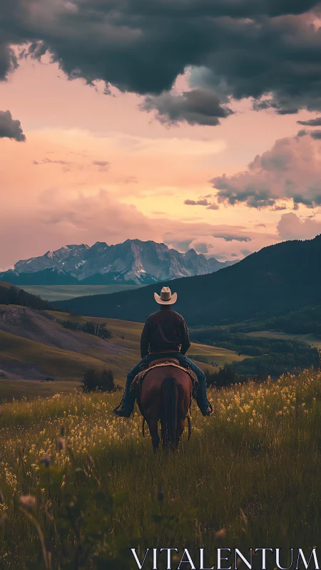 Lone cowboy on horseback facing distant mountain range.