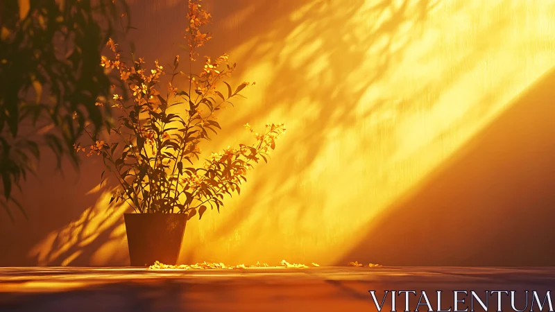 Potted flowering plant stands in strong golden sunlight