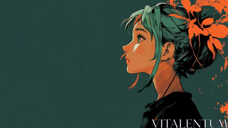 Profile portrait of teal-haired girl with orange floral ink.
