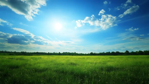 Sunlit summer meadow under expansive blue sky panorama.