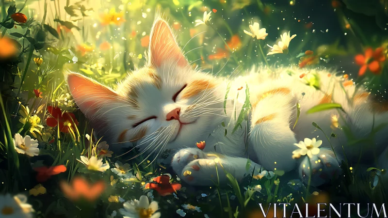 White Feline Resting Among Wildflowers in Luminous Garden Setting.
