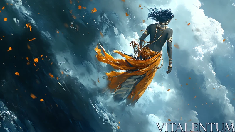 Skyborne mystic strides through storm-split clouds in gold.