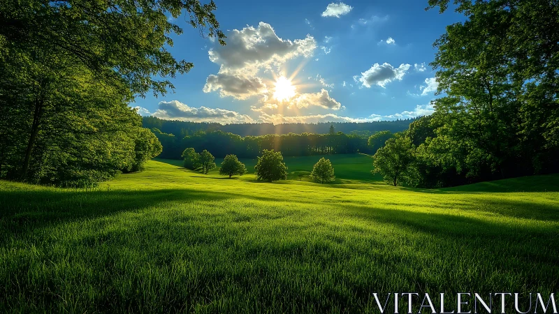 Sunlit grassy valley with scattered trees and distant forest.