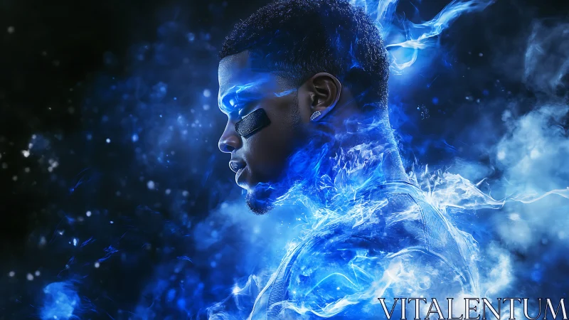 Cinematic cyber-athlete portrait radiates electric blue energy