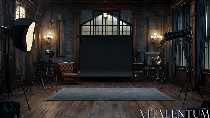 Vintage portrait studio with dark wood paneling and lights.