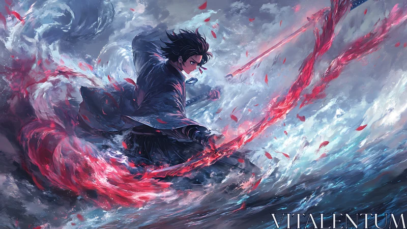 Swordsman unleashing red energy arc amid storm waves.