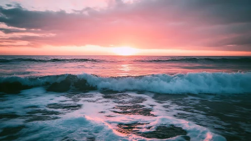 Sunset surf ignites cotton-candy waves along tranquil horizon.