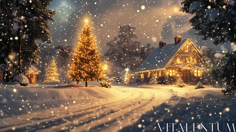 Cozy winter cabin glows with warm lights in gentle snowfall
