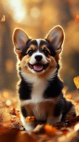Corgi puppy in glowing autumn leaves, hyperreal portrait.