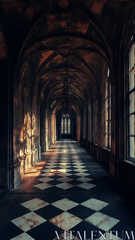 Sunlit echoes stride down the gothic checkered corridor