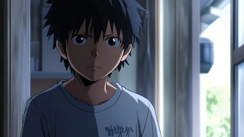 Teen boy stands in dim interior hallway with side lighting