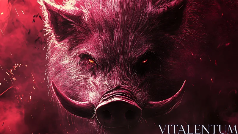 Digital close-up of wild boar head in red misted lighting.