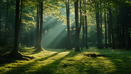 Peaceful sunlit forest with tall trees and soft green moss, natural style.