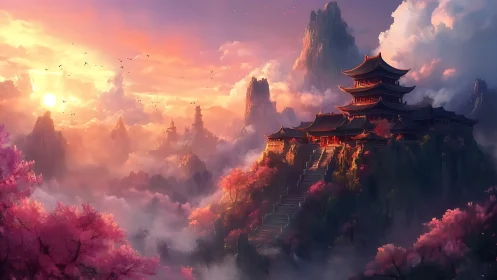 Sunlit mountain temple above misty valley and blossoms.
