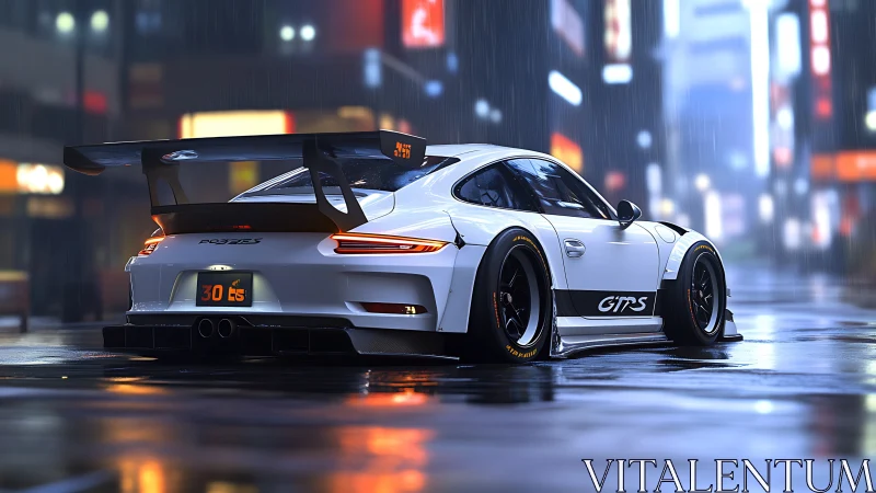 Widebody track car is parked on wet city street at night