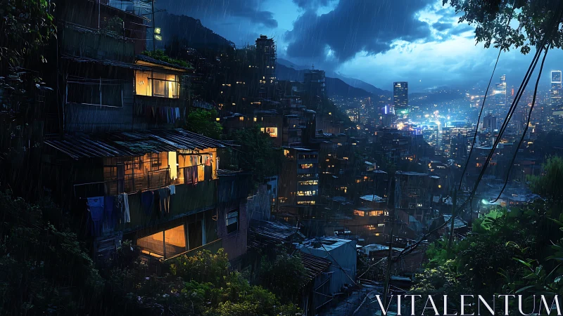 Hillside informal housing at night beside modern city skyline.