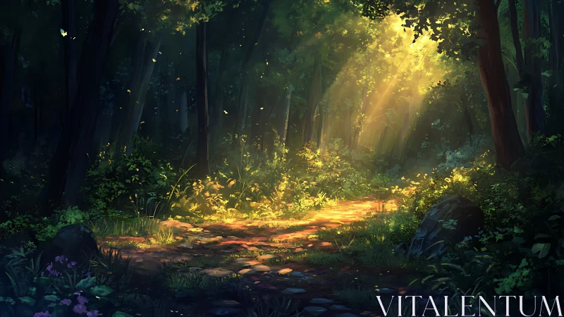 Forest pathway illuminated by filtered sunlight through tall trees.