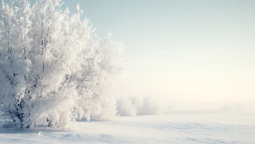 Frost covered trees in a calm open winter landscape.
